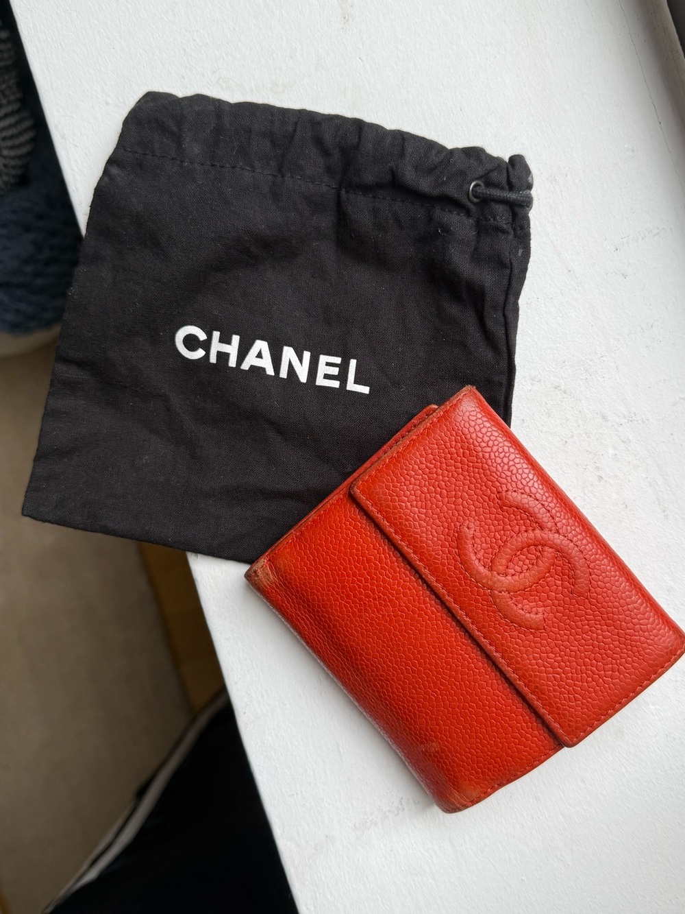 CHANEL Red Caviar Leather Trifold Wallet